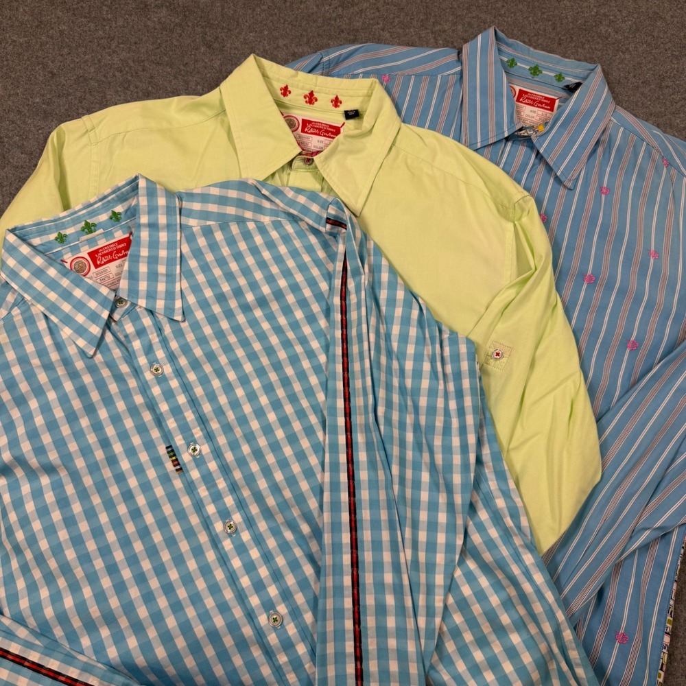 Robert Graham Freshly Laundered Shirt Lot 3 Men Large L Cotton Gingham Stripe